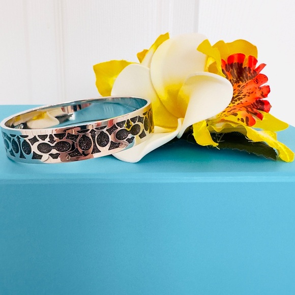 COACH ~ Silver Toned Black Monogram Patterned Coach Bracelet 2.5 Inch Diameter - Picture 6 of 7